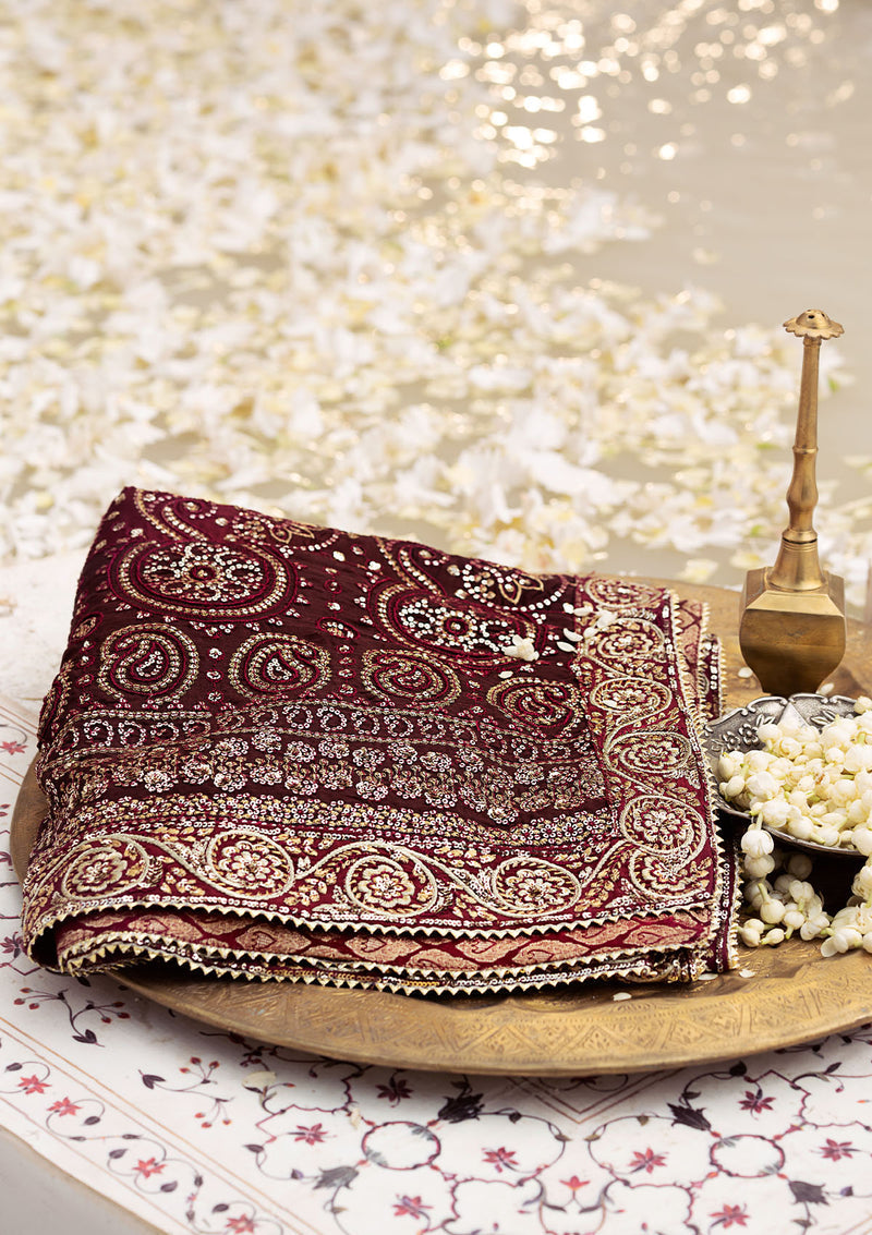 Aik Atelier | MAROON TUSSAR SILK CHUNRI SHAWL - Designer Dress with Intricate embroidery and embellishments. Shop elegent wedding dress at Maria Faisal.