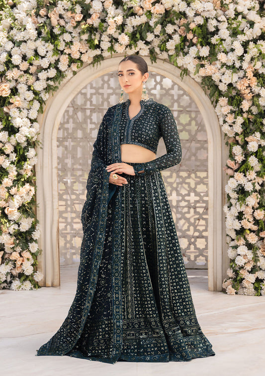 Aik Atelier Formals Vol-1 24 Look 1 – Bottle Green Pakistani Dress with intricate embroidery and embellishments. Shop elegant Asian dresses at Maria Faisal.