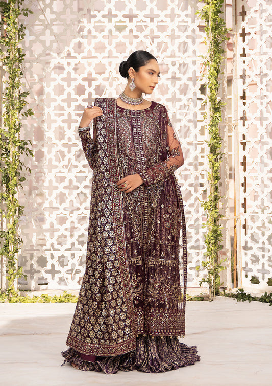 Aik Atelier Formals Vol-1 24 Look 4 – Plum Pakistani Dress with intricate embroidery and embellishments. Shop elegant Asian dresses at Maria Faisal.