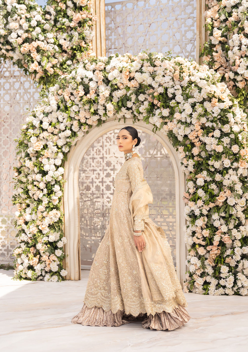 Aik Atelier Formals Vol-1 24 Look 6 - Light Gold Pakistani Dress with intricate embroidery and embellishments. Shop elegant Asian dresses at Maria Faisal.