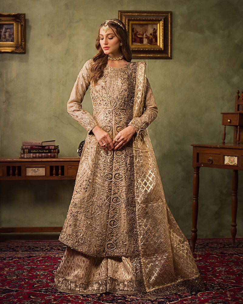 Ain | Aroosh Luxury Formals 24 | AR-77 SAIBA (Gold) - Designer Dress with Intricate embroidery and embellishments. Shop elegent wedding dress at Maria Faisal.