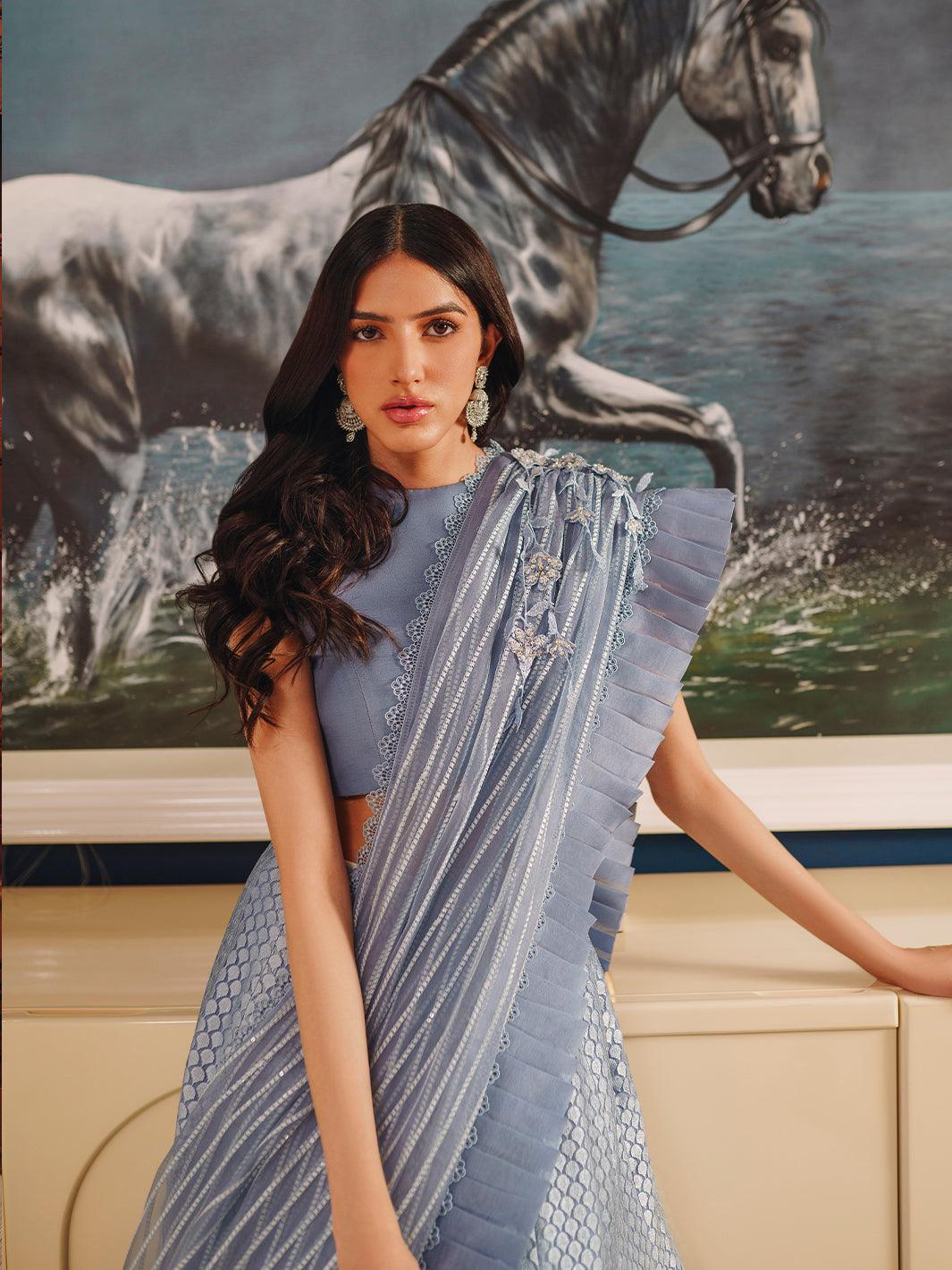 Amroz Atelier | Reveur Formals | Celestial Blue - Designer Dress with Intricate embroidery and embellishments. Shop elegent wedding dress at Maria Faisal.