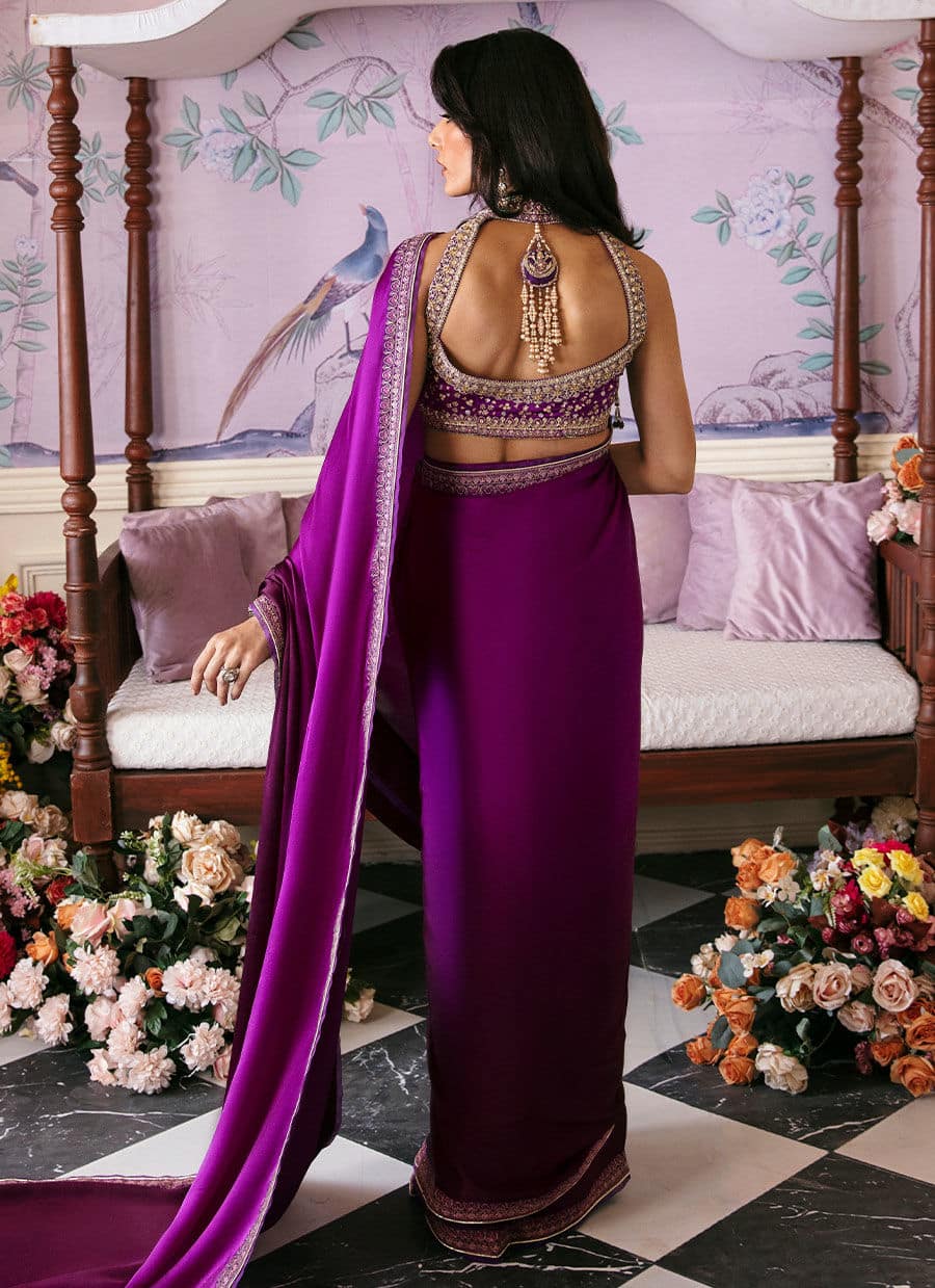 Farah Talib Aziz | Mayna Festive Luxe | AIGUL AUBERGINE SAREE