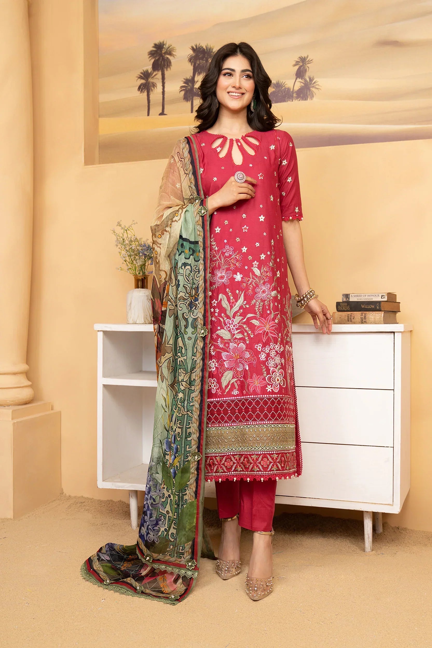 Hemstitch | Summer Luxury Lawn 24 | Scarlet Red - Ladies Clothes - Maria Faisal