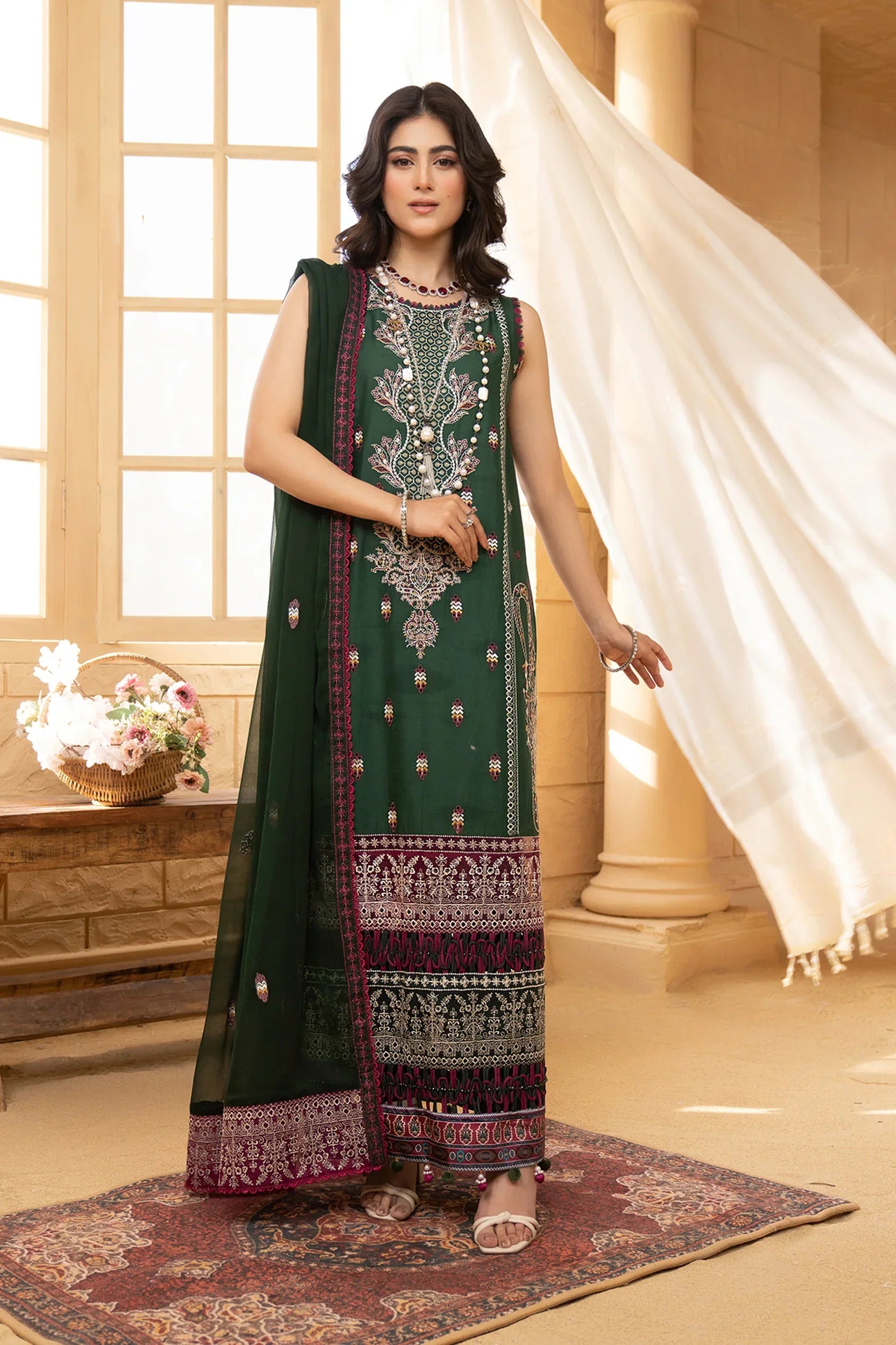 Hemstitch | Summer Luxury Lawn 24 | Bottle Green - Ladies Clothes - Maria Faisal