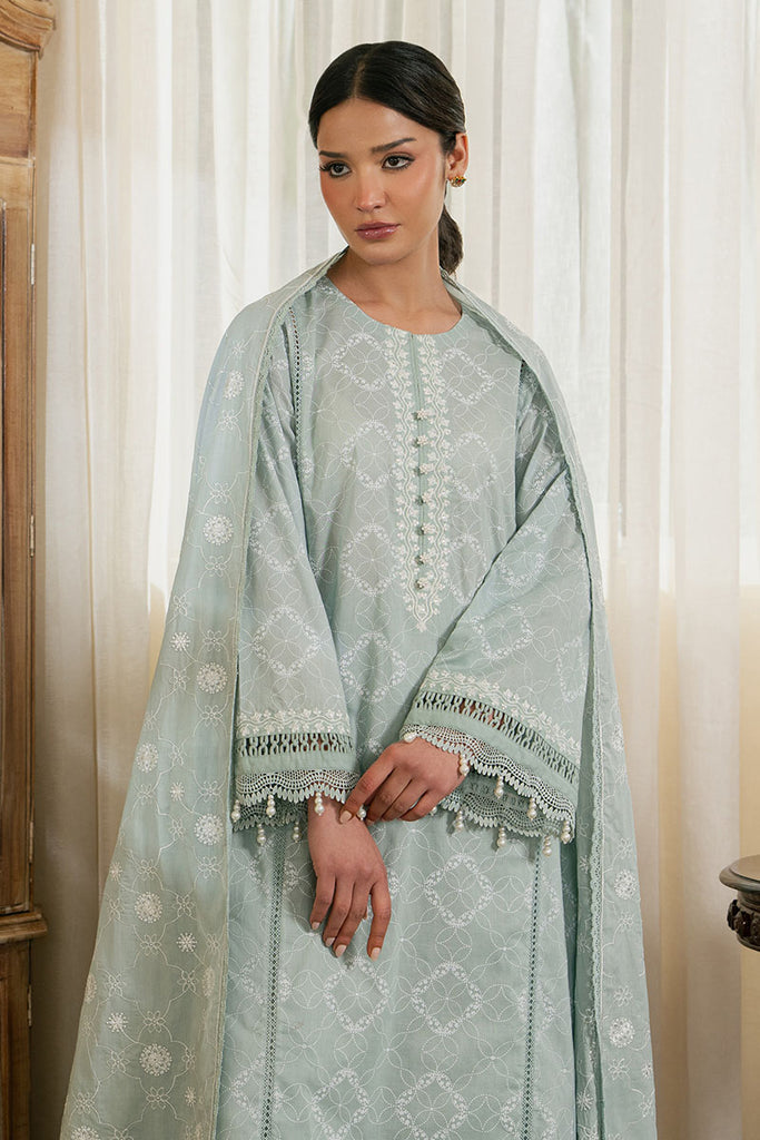 Cross Stitch | Emb Lawn Mahiri 26 | SAGE REVERIE - Luxury Dress - available at Maria Faisal in UK and USA.