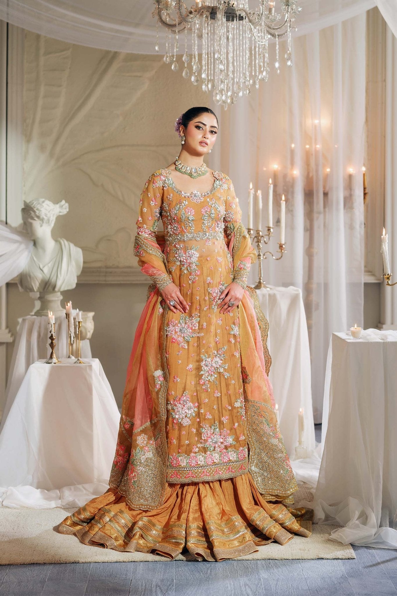 Champagne Gold Organza long shirt with lehnga