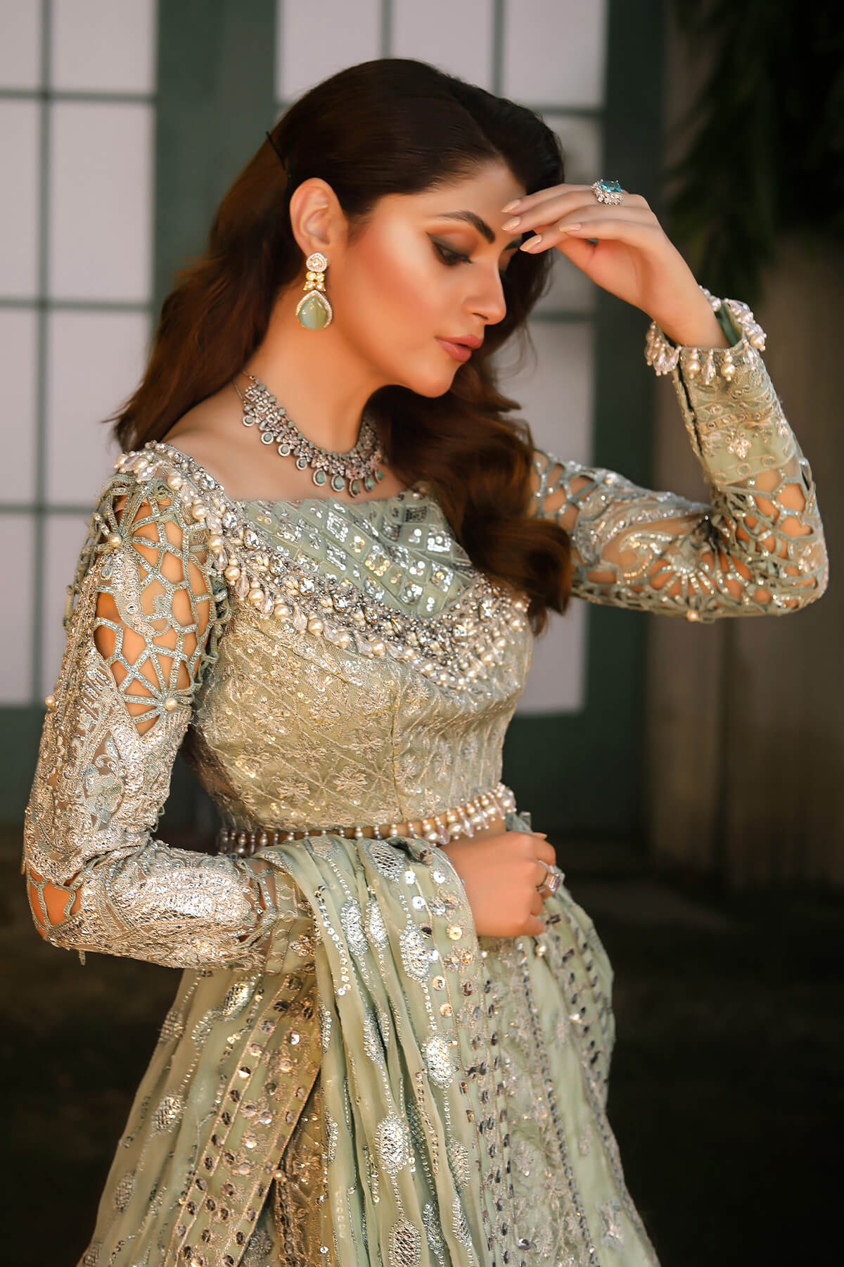 Raeesa Premium | Wajadan Wedding Formals | WD-2 Pea Green - Designer Dress with Intricate embroidery and embellishments. Shop elegent wedding dress at Maria Faisal.