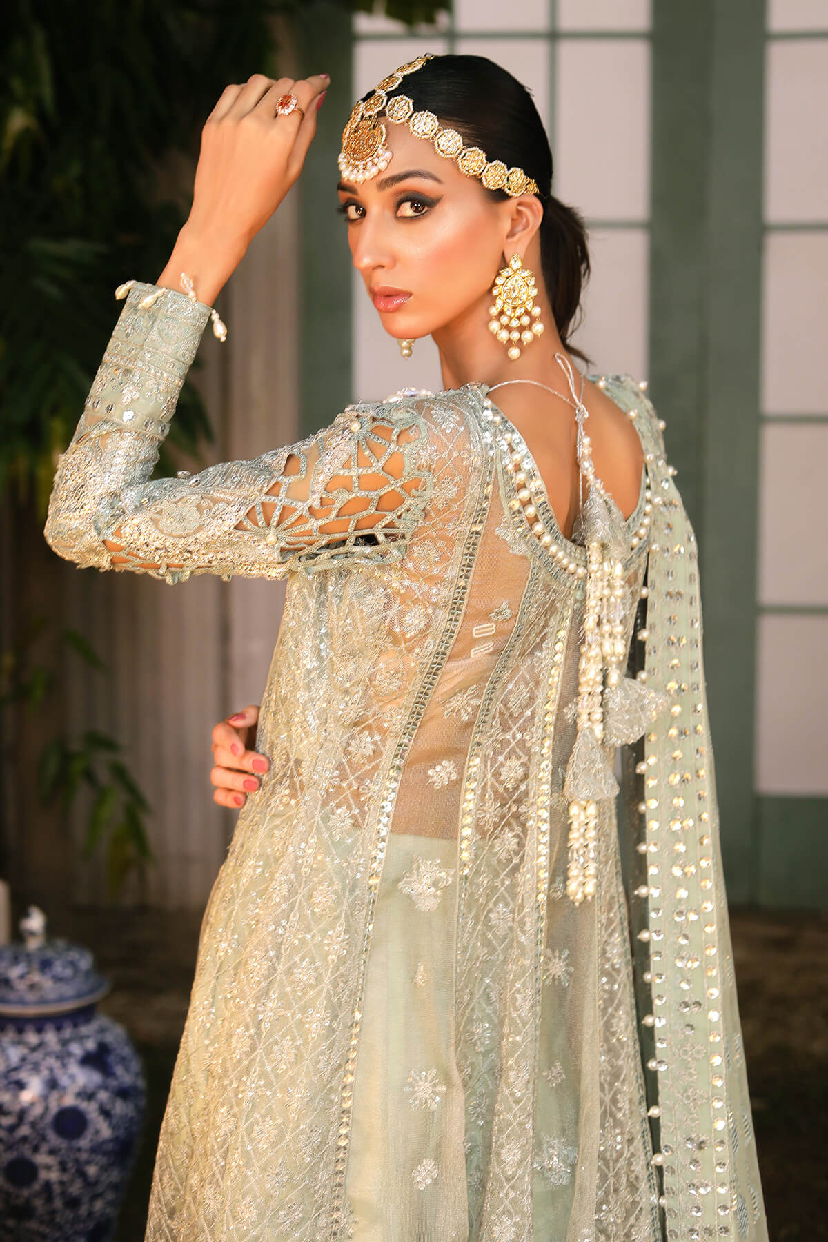 Raeesa Premium | Wajadan Wedding Formals | WD-2 Pea Green - Designer Dress with Intricate embroidery and embellishments. Shop elegent wedding dress at Maria Faisal.