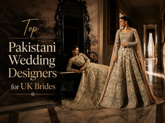 Top Pakistani wedding designers for UK brides featuring luxury bridal dresses.