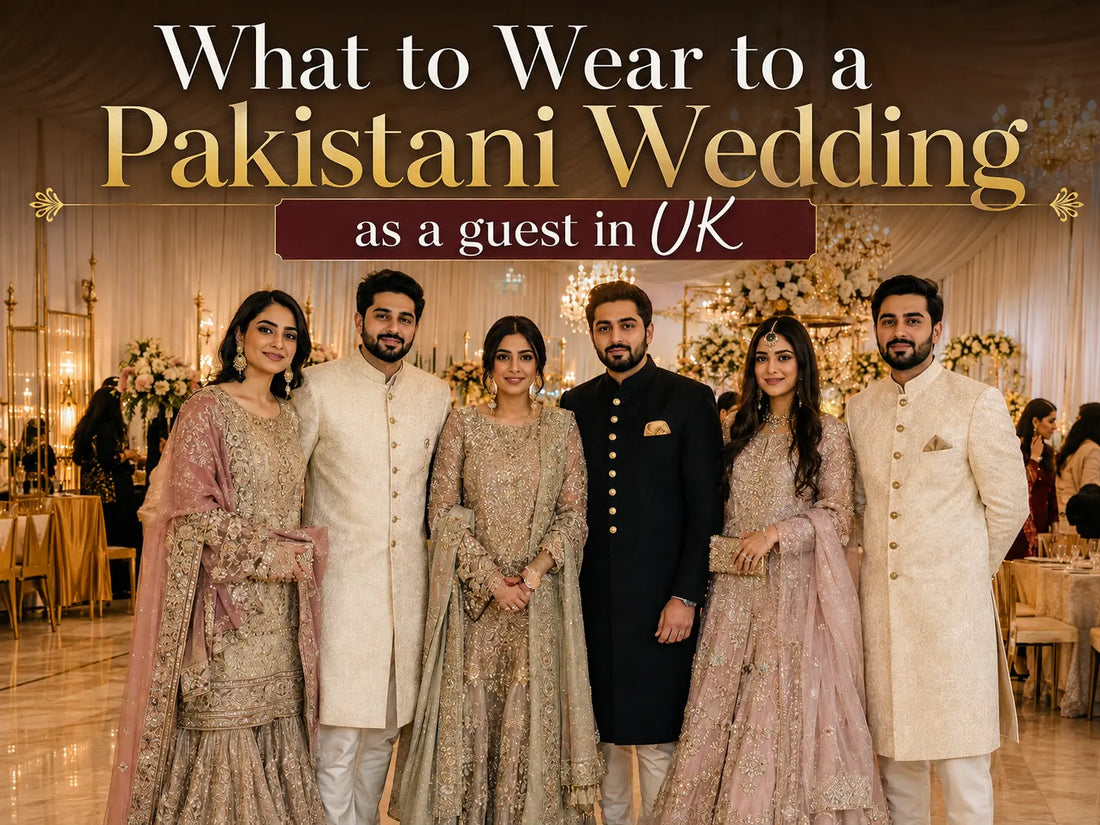 Pakistani wedding guests in embroidered shararas, lehengas and sherwanis at a UK banqueting hall.