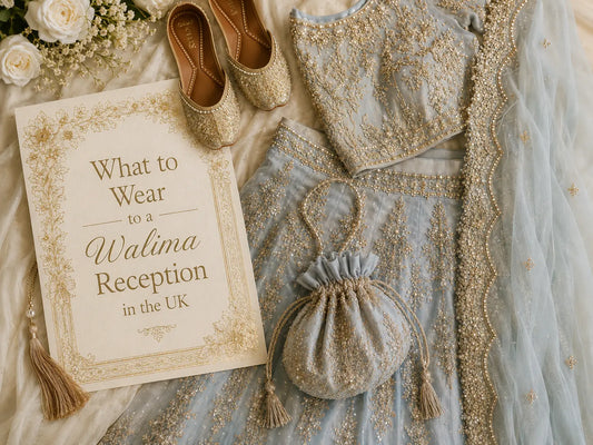 What to wear to a walima in the UK – powder blue Pakistani walima outfit flat lay
