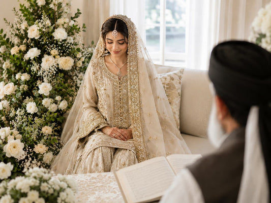 Pakistani bride in an ivory hand-embellished sharara seated for her nikkah ceremony, dupatta draped over the head, soft daylight from a window behind her
