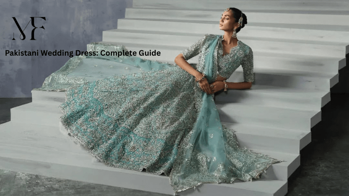 A model wearing Ice Blue Bridal Lehenga from Afrozeh Brand at Maria Faisal available in UK - Pakistani Clocthes UK