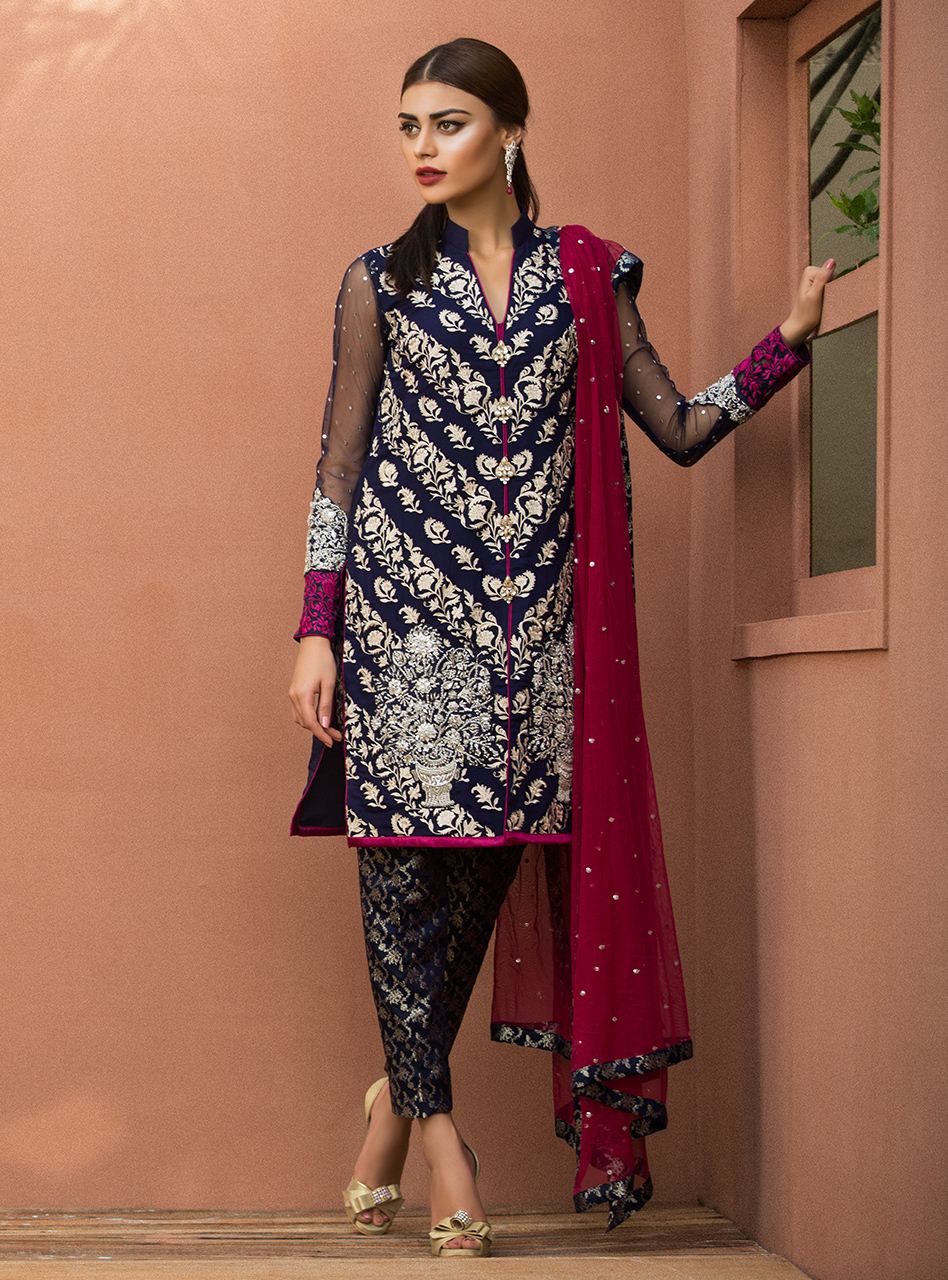 Zainab Chottani | Semi Formals | NAVY BLUE FLORAL DRESS - Ladies Clothes - Maria Faisal
