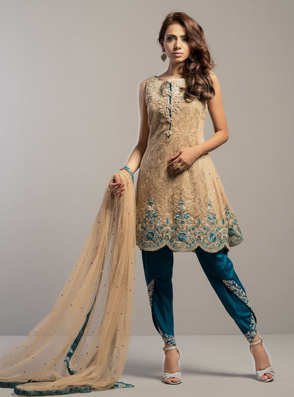 Zainab Chottani | Semi Formals | BEIGE GOLD WITH TEAL DRESS - Ladies Clothes - Maria Faisal