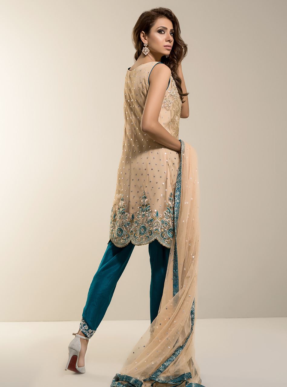 Zainab Chottani | Semi Formals | BEIGE GOLD WITH TEAL DRESS