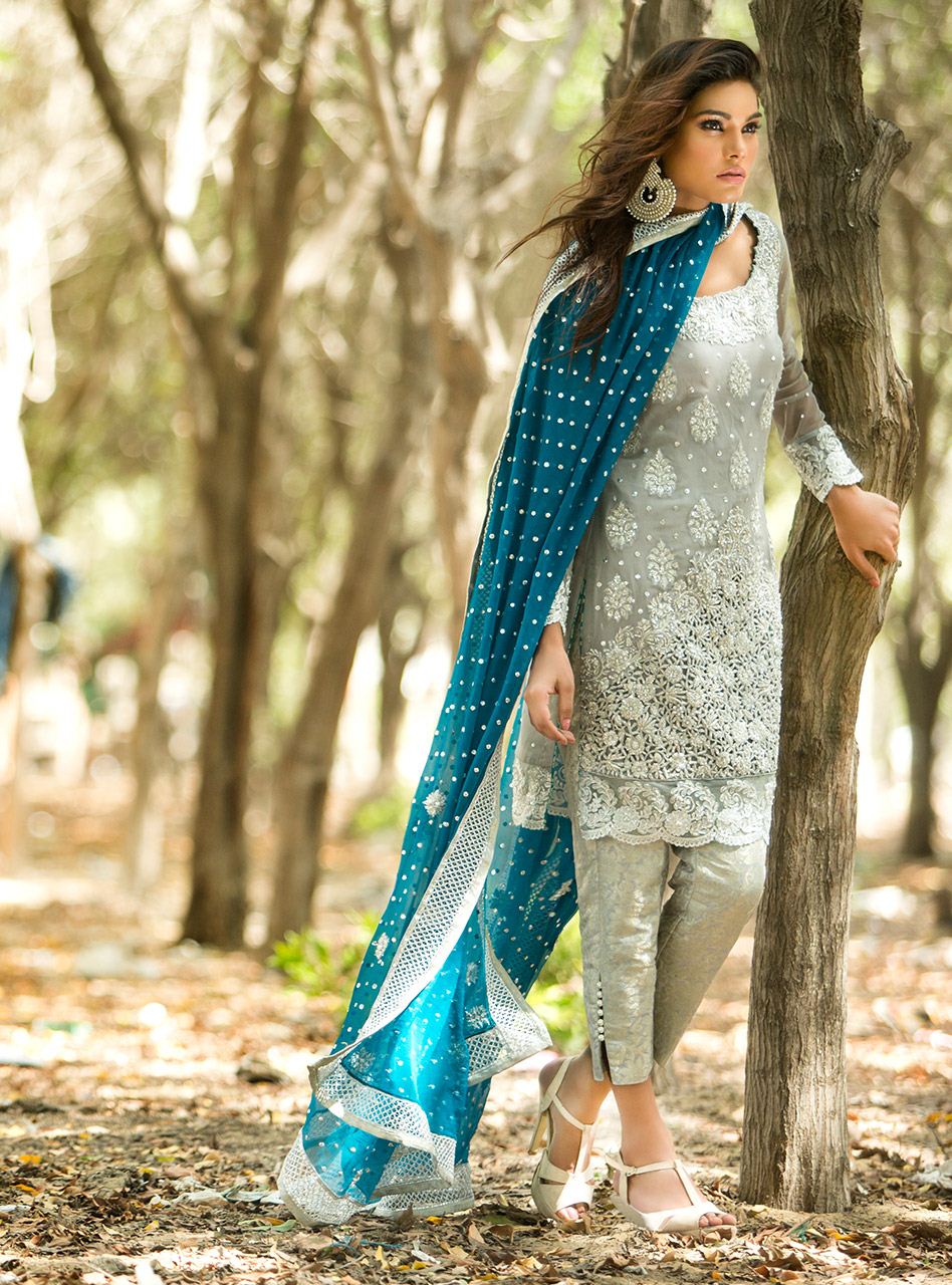Zainab Chottani | Semi Formals | SILVER AND TEAL DRESS - Ladies Clothes - Maria Faisal