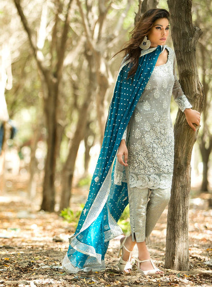 Zainab Chottani | Semi Formals | SILVER AND TEAL DRESS - Ladies Clothes - Maria Faisal