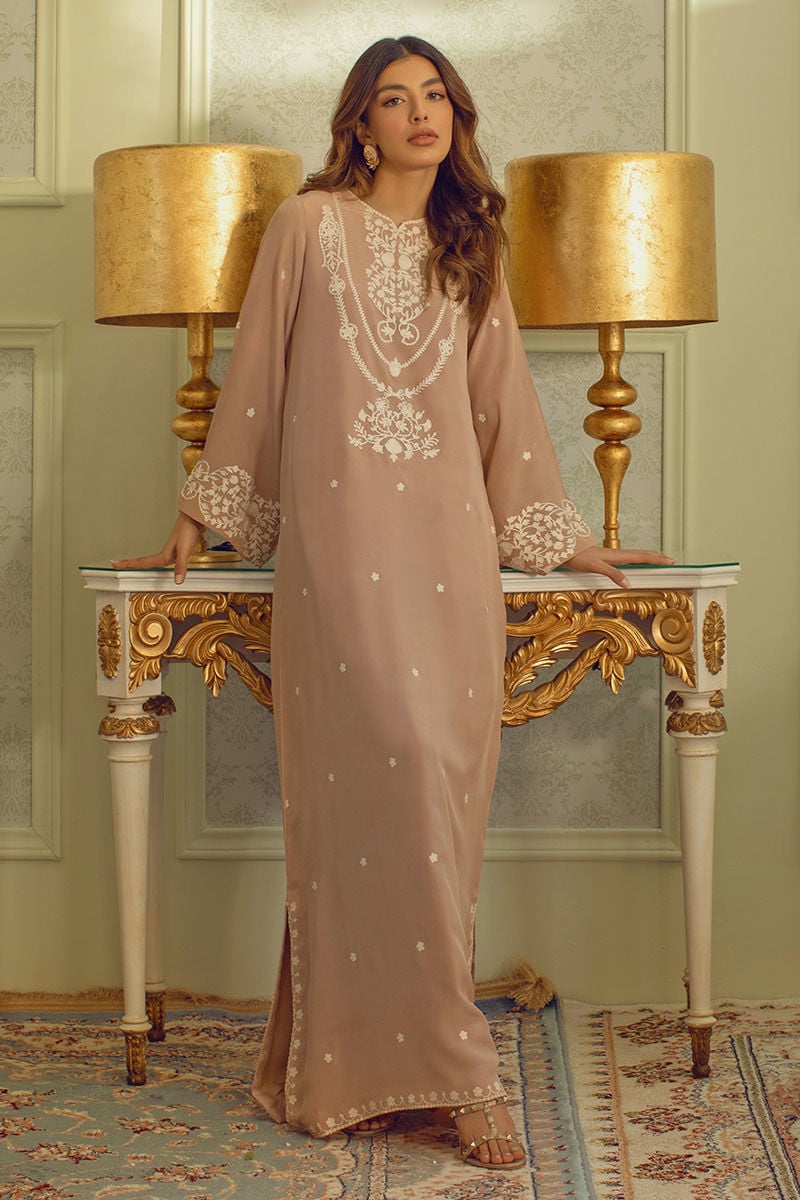 Ansab Jahangir | Summer Kaftans | Taupe Magic - Luxury Dress - available at Maria Faisal in UK and USA.