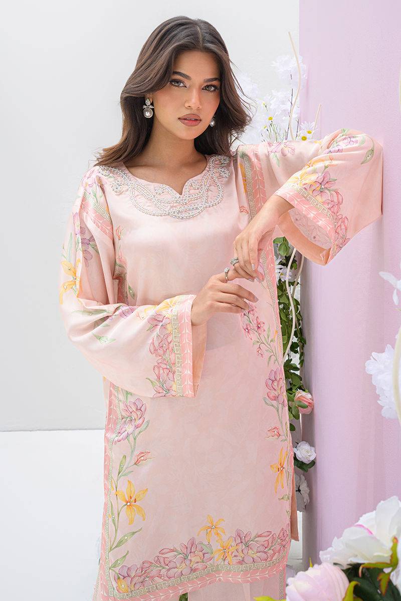 Fatima Khan | Eid Digital Silk Prints | Peach Blossoms by Maria Faisal - Registered Vendor of : Fatima Khan - type : Ladies Clothes - 100% original wedding dresses