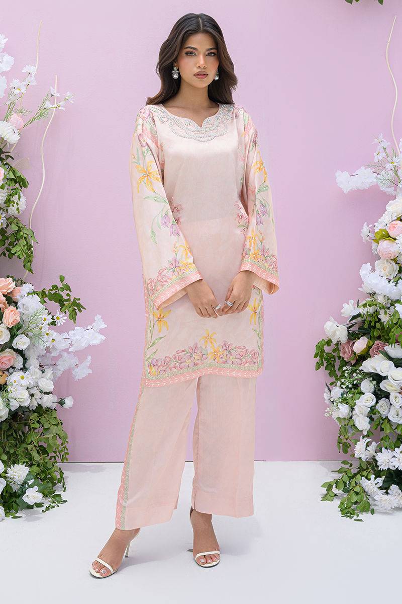 Fatima Khan | Eid Digital Silk Prints | Peach Blossoms by Maria Faisal - Registered Vendor of : Fatima Khan - type : Ladies Clothes - 100% original wedding dresses