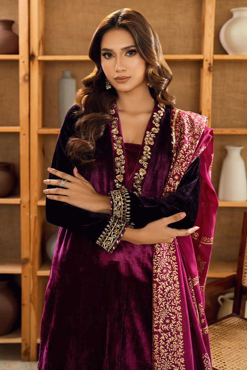 Fatima Khan | Warm Whisper Velvet 25 | Majestic Garnet - Formal Dress - available at Maria Faisal in UK and USA.