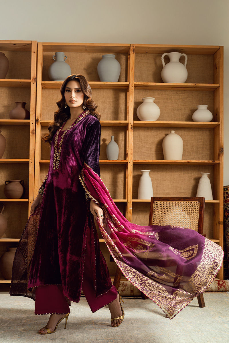 Fatima Khan | Warm Whisper Velvet 25 | Majestic Garnet - Formal Dress - available at Maria Faisal in UK and USA.