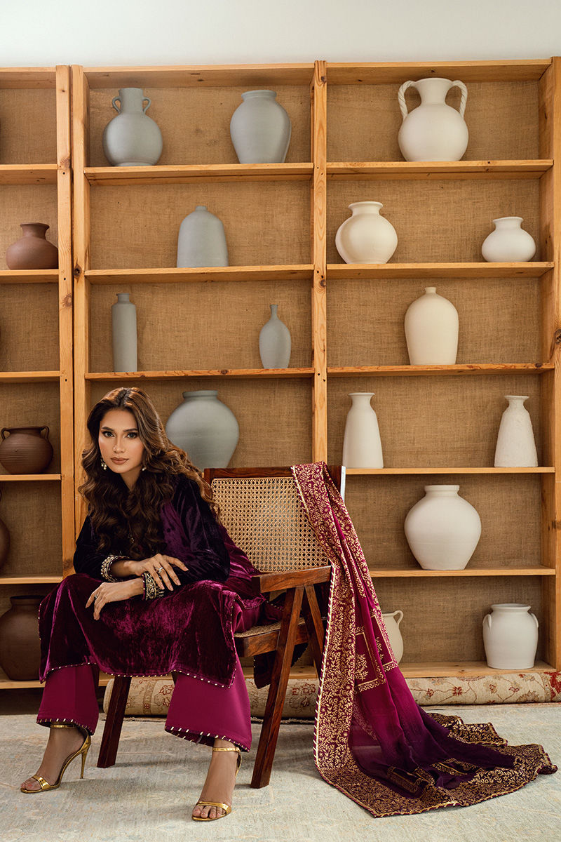 Fatima Khan | Warm Whisper Velvet 25 | Majestic Garnet - Formal Dress - available at Maria Faisal in UK and USA.