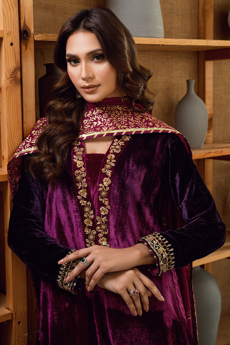 Fatima Khan | Warm Whisper Velvet 25 | Majestic Garnet - Formal Dress - available at Maria Faisal in UK and USA.