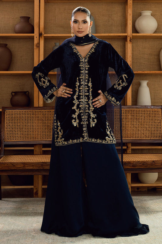 Fatima Khan | Warm Whisper Velvet 25 | Sapphire Legacy - Formal Dress - available at Maria Faisal in UK and USA.