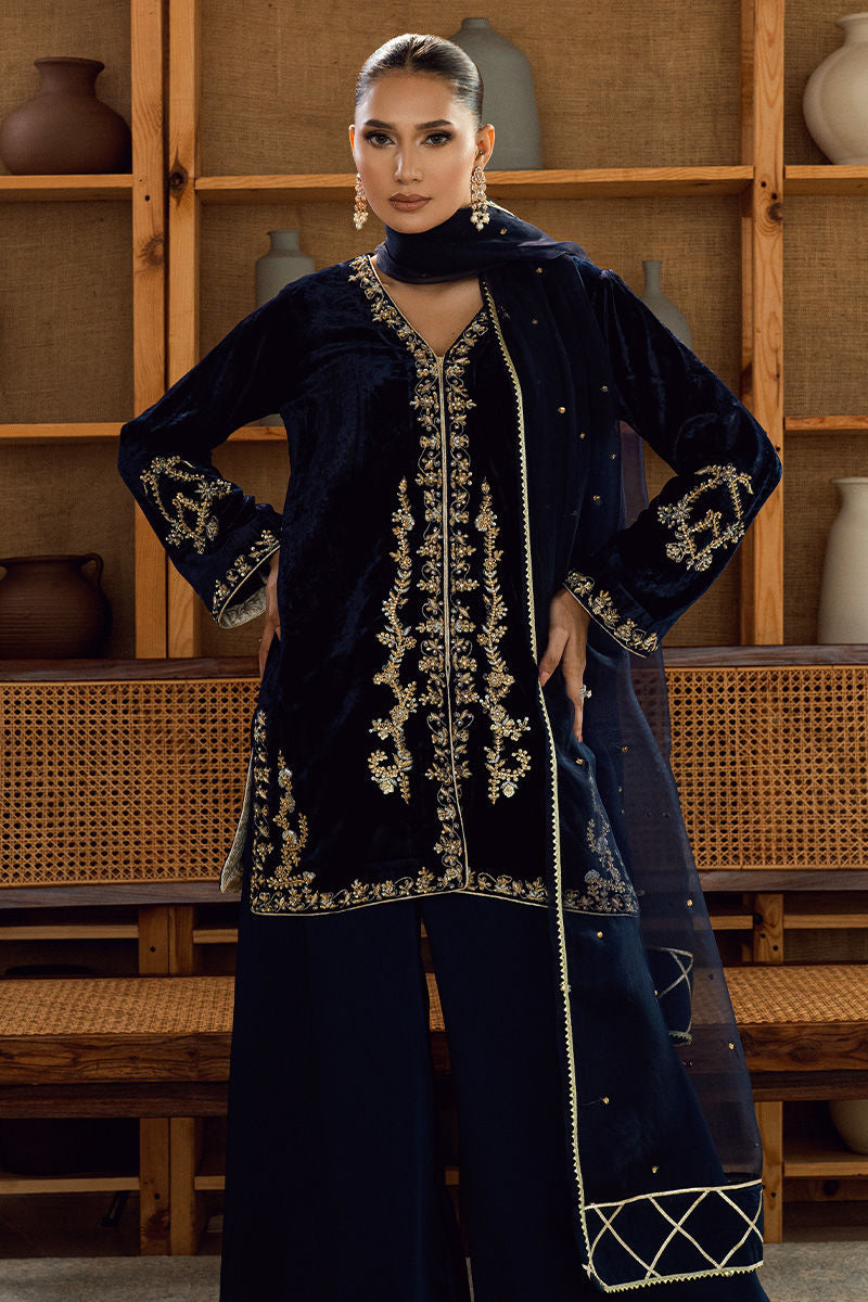 Fatima Khan | Warm Whisper Velvet 25 | Sapphire Legacy - Formal Dress - available at Maria Faisal in UK and USA.