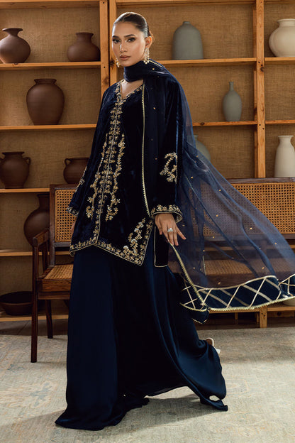 Fatima Khan | Warm Whisper Velvet 25 | Sapphire Legacy - Formal Dress - available at Maria Faisal in UK and USA.