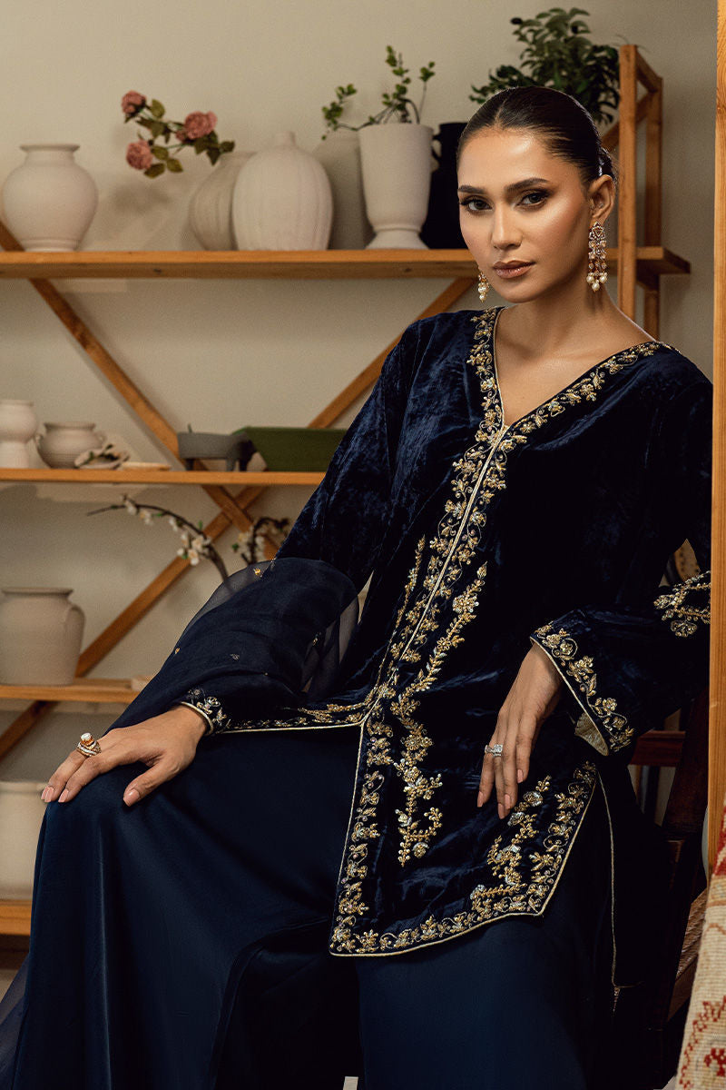 Fatima Khan | Warm Whisper Velvet 25 | Sapphire Legacy - Formal Dress - available at Maria Faisal in UK and USA.
