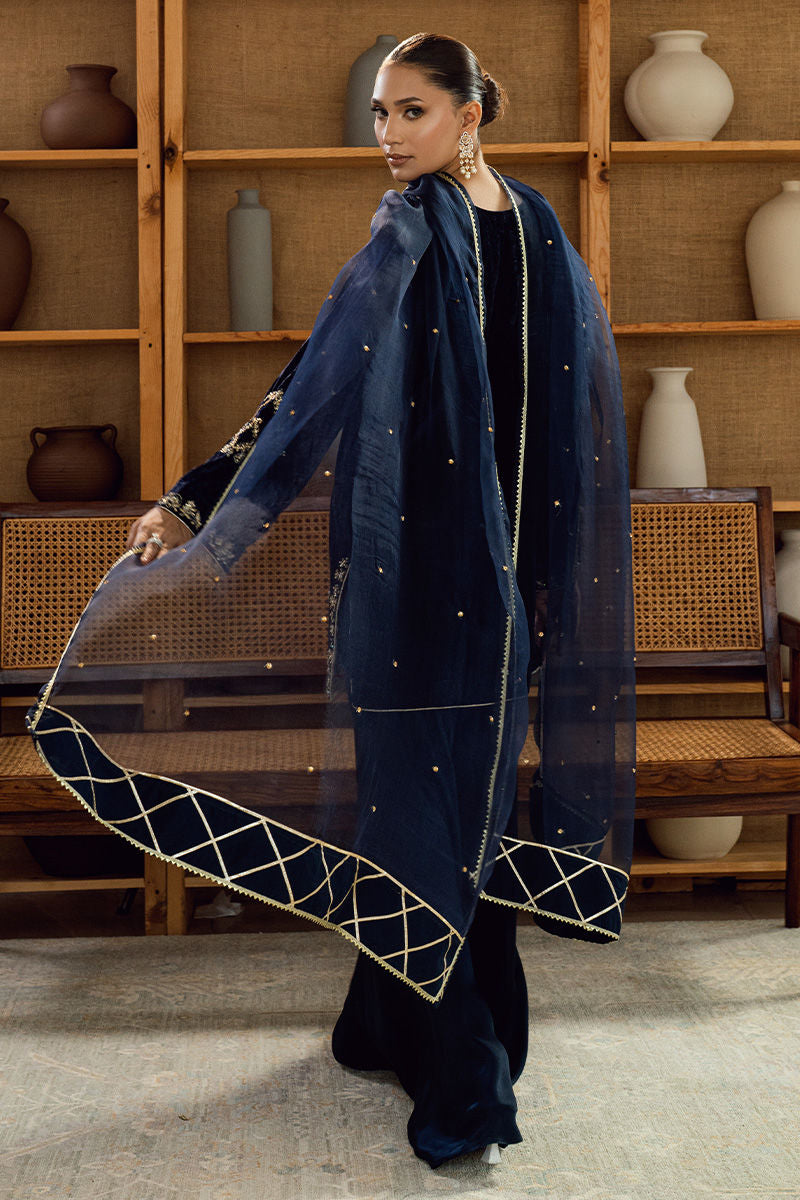 Fatima Khan | Warm Whisper Velvet 25 | Sapphire Legacy - Formal Dress - available at Maria Faisal in UK and USA.