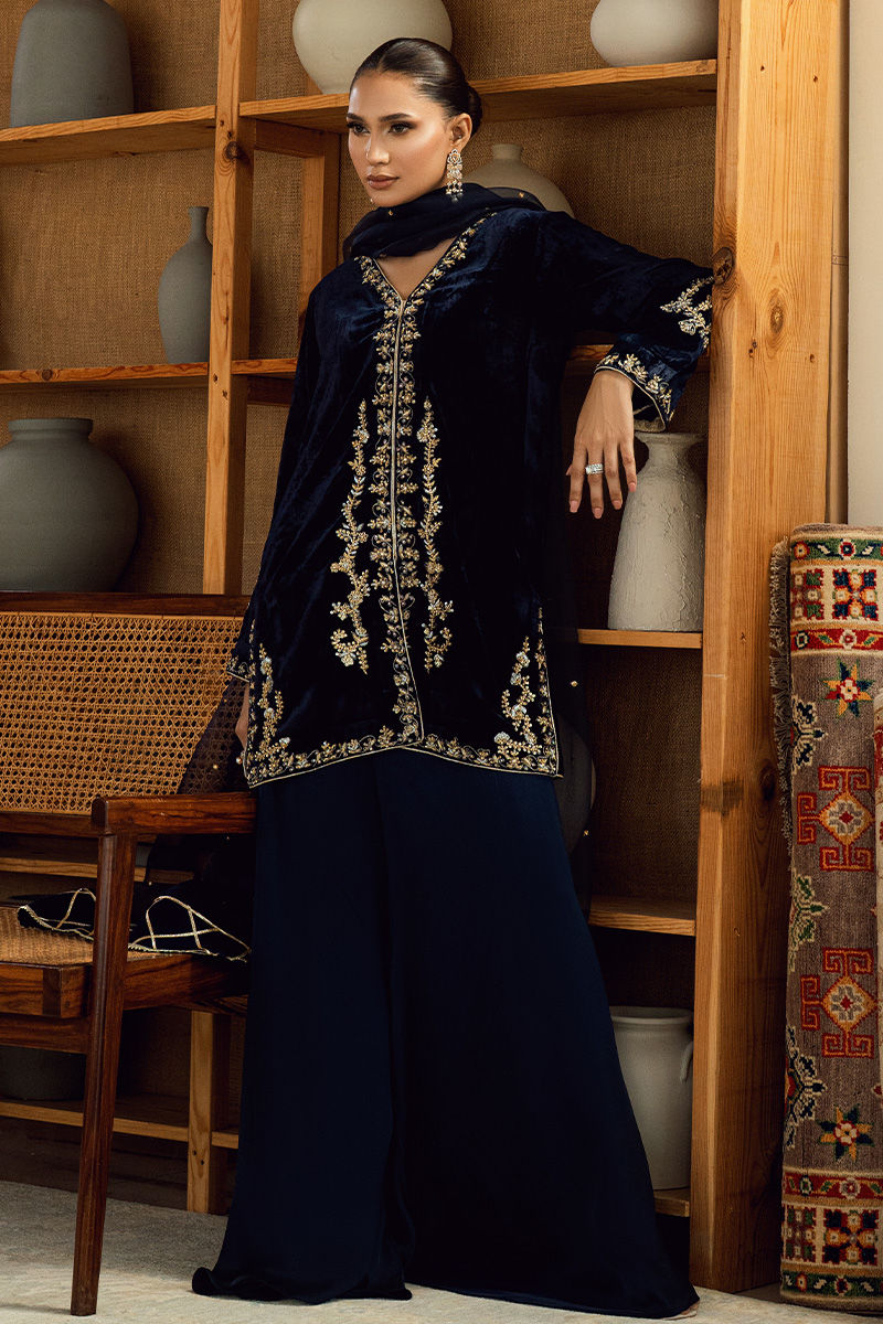 Fatima Khan | Warm Whisper Velvet 25 | Sapphire Legacy - Formal Dress - available at Maria Faisal in UK and USA.