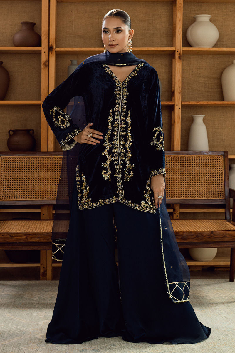 Fatima Khan | Warm Whisper Velvet 25 | Sapphire Legacy - Formal Dress - available at Maria Faisal in UK and USA.