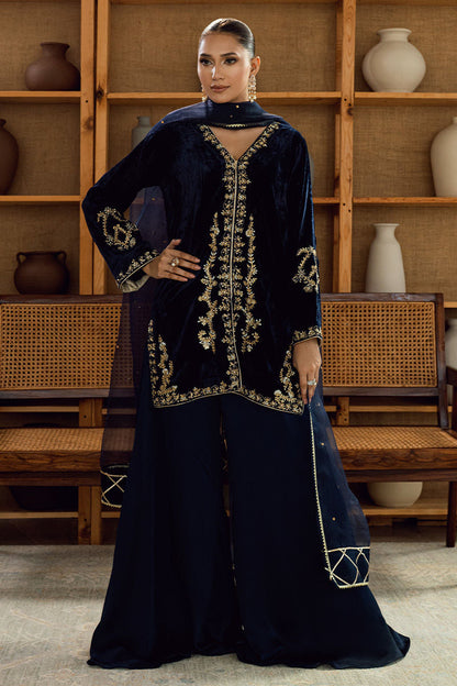 Fatima Khan | Warm Whisper Velvet 25 | Sapphire Legacy - Formal Dress - available at Maria Faisal in UK and USA.