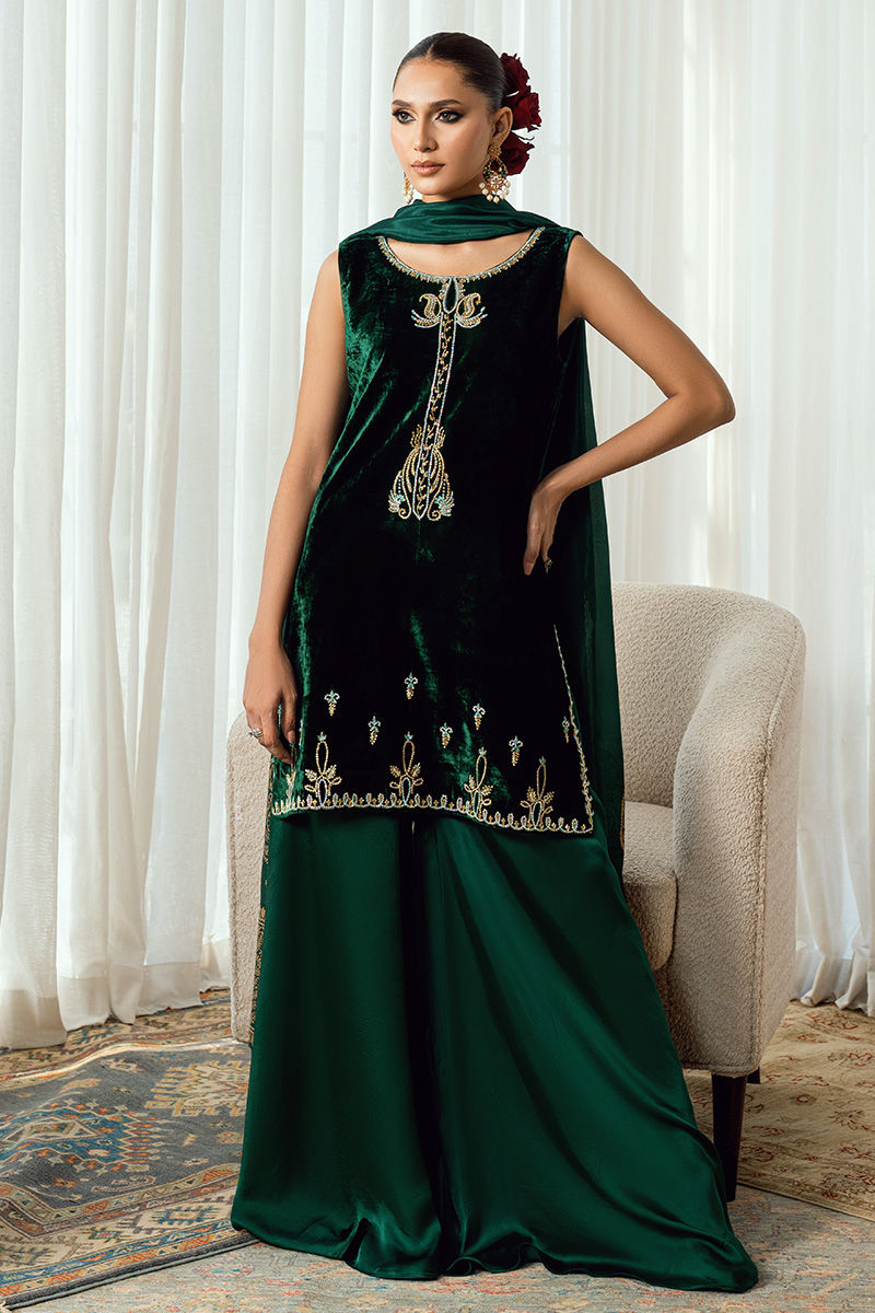 Fatima Khan | Warm Whisper Velvet 25 | Emerald Dusk - Formal Dress - available at Maria Faisal in UK and USA.