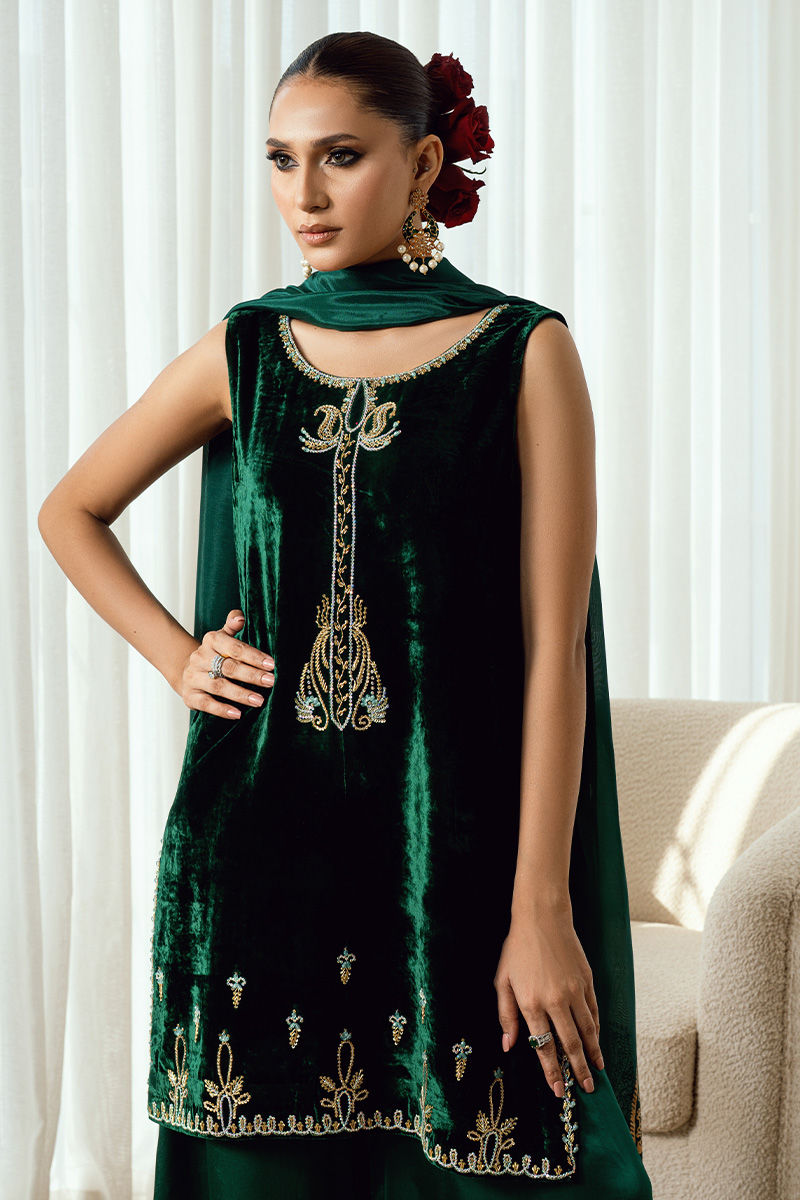 Fatima Khan | Warm Whisper Velvet 25 | Emerald Dusk - Formal Dress - available at Maria Faisal in UK and USA.
