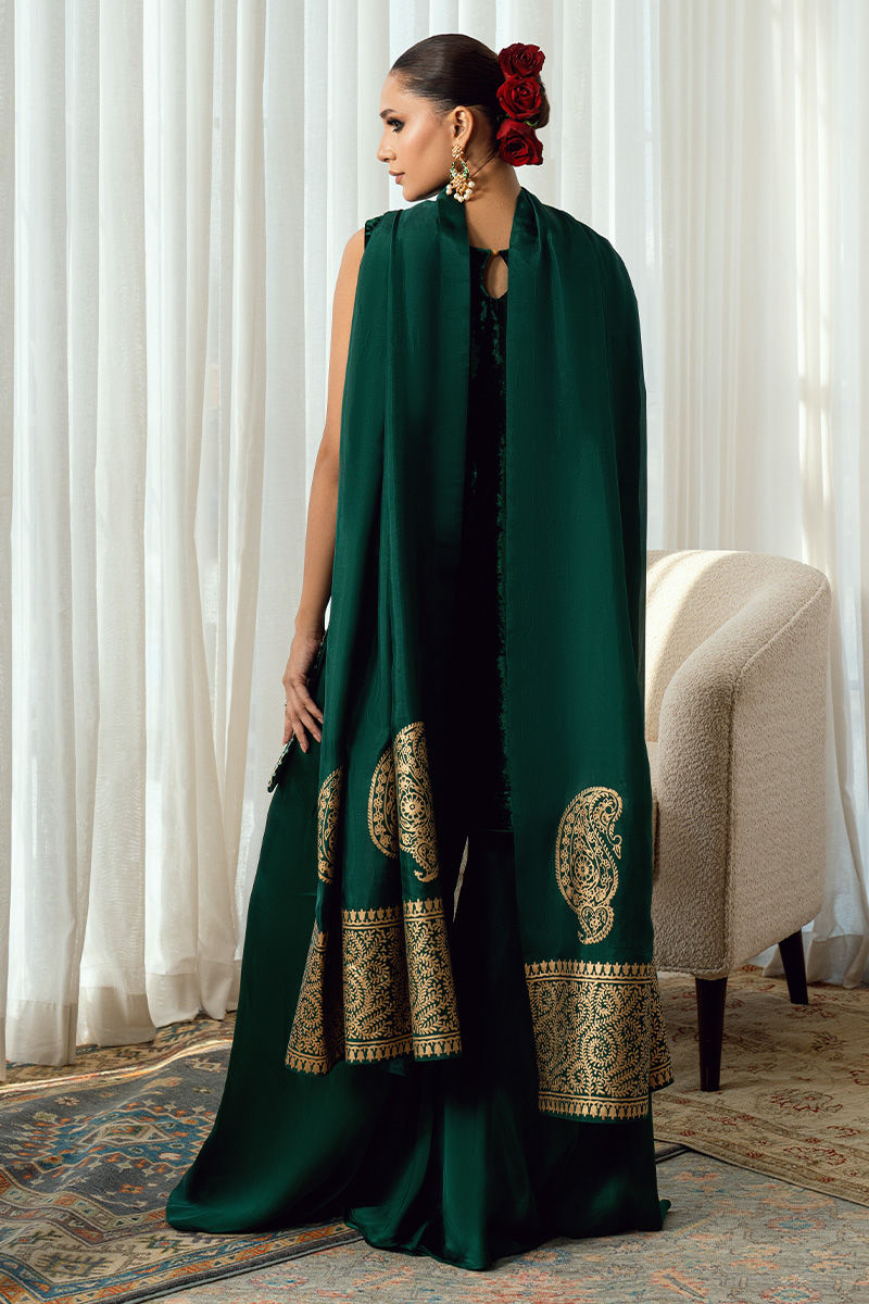 Fatima Khan | Warm Whisper Velvet 25 | Emerald Dusk - Formal Dress - available at Maria Faisal in UK and USA.