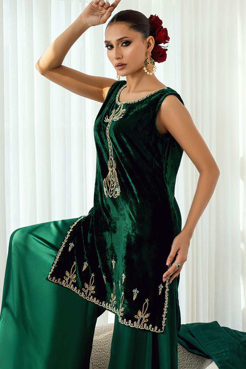Fatima Khan | Warm Whisper Velvet 25 | Emerald Dusk - Formal Dress - available at Maria Faisal in UK and USA.