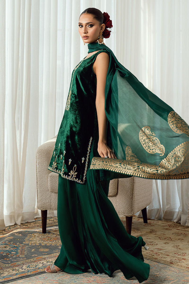 Fatima Khan | Warm Whisper Velvet 25 | Emerald Dusk - Formal Dress - available at Maria Faisal in UK and USA.