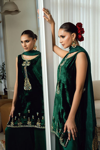 Fatima Khan | Warm Whisper Velvet 25 | Emerald Dusk - Formal Dress - available at Maria Faisal in UK and USA.