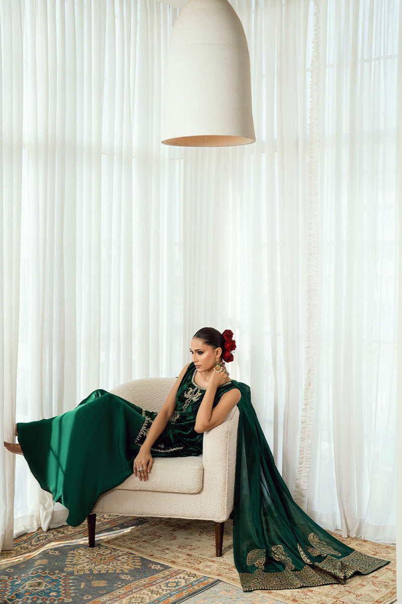 Fatima Khan | Warm Whisper Velvet 25 | Emerald Dusk - Formal Dress - available at Maria Faisal in UK and USA.