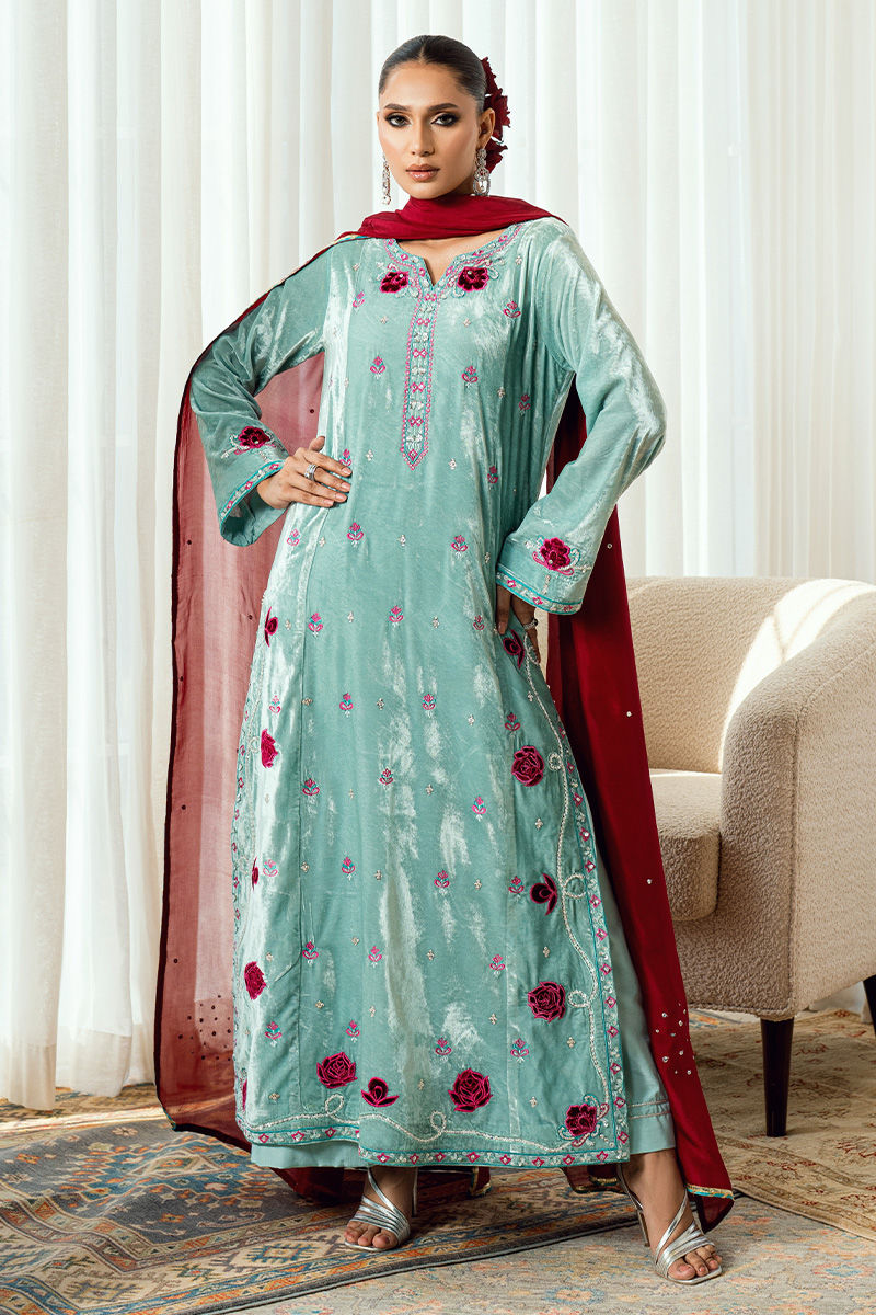 Fatima Khan | Warm Whisper Velvet 25 | Twilight Rose - Formal Dress - available at Maria Faisal in UK and USA.