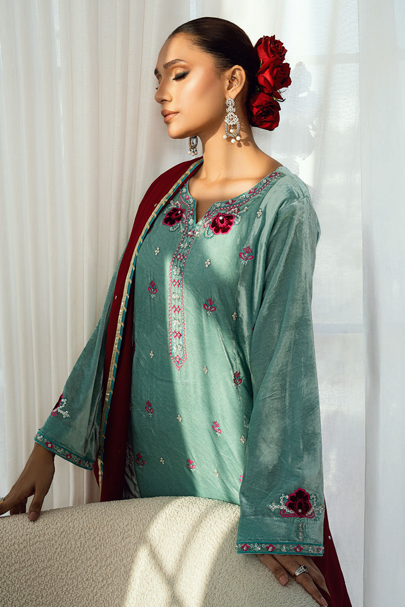 Fatima Khan | Warm Whisper Velvet 25 | Twilight Rose - Formal Dress - available at Maria Faisal in UK and USA.