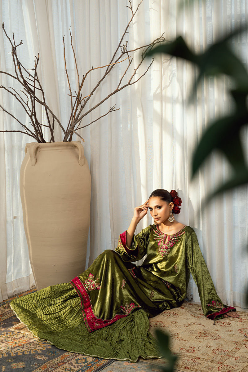Fatima Khan | Warm Whisper Velvet 25 | Jade Whisper - Formal Dress - available at Maria Faisal in UK and USA.