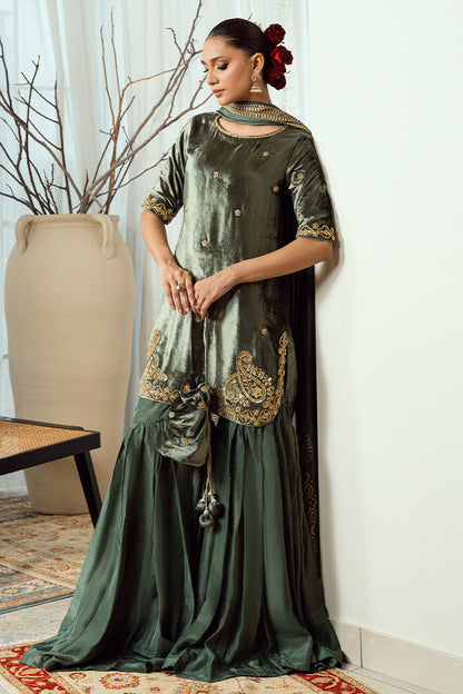 Fatima Khan | Warm Whisper Velvet 25 | Olive Dynasty - Formal Dress - available at Maria Faisal in UK and USA.