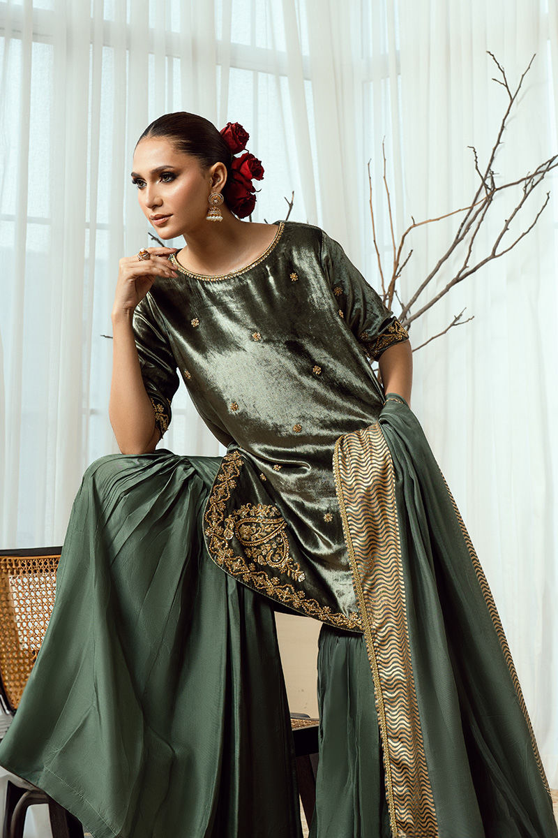 Fatima Khan | Warm Whisper Velvet 25 | Olive Dynasty - Formal Dress - available at Maria Faisal in UK and USA.